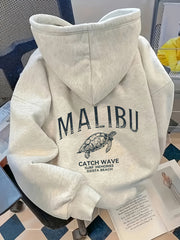 Women's Letter Malibu Turtle Cartoon Pattern Print Fashion Hooded Sweatshirt Long Sleeve