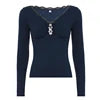 Casual Long Sleeve Patchwork Slim Fit Stretch Knit Top Lace Rhinestone Sexy V-Neck Comfort