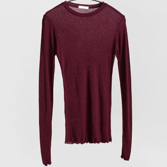 Crew Neck Long Sleeve Slim See-Through Tee