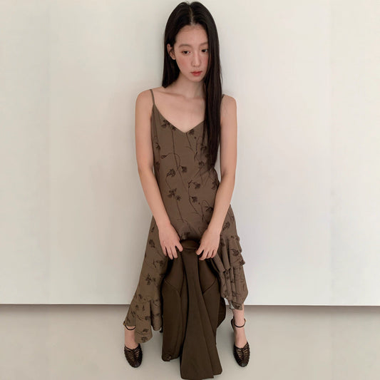 Maillard retro temperament irregular diagonal skirt suspender dress