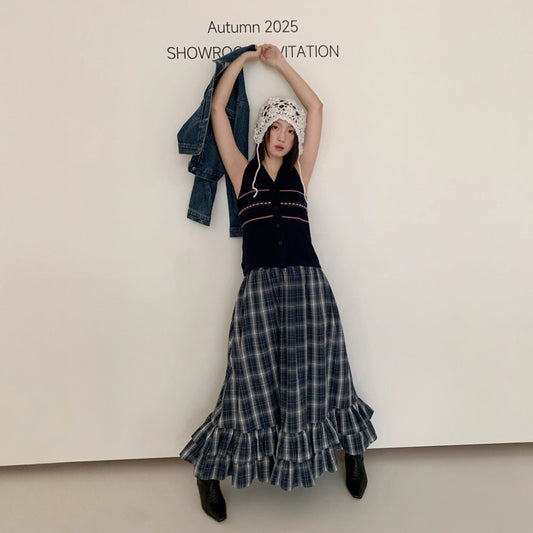Academy style retro literary versatile lotus leaf edge plaid skirt women