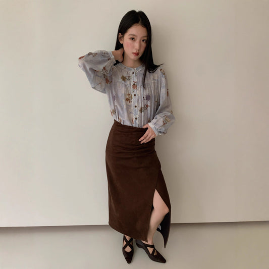 Hip-wrapped skirt for women, thin, pinch pleated front split-ended long one-step skirt