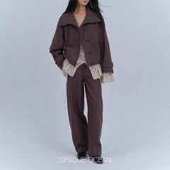 Large silhouette mohair wool drawstring V-neck pearl buckle fungus edge thin cardigan sweater