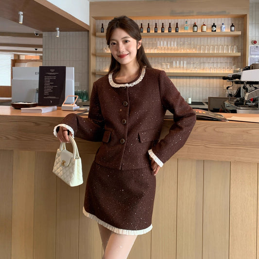 Women's Chanel-Style Lace Spliced Jacket & Mini Skirt Two-Piece Set