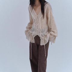 Large silhouette mohair wool drawstring V-neck pearl buckle fungus edge thin cardigan sweater