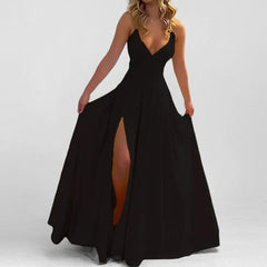 2026 spring new European and American cross-border women's clothing fashionable solid color suspender sexy slim split-ended fungus edge dress