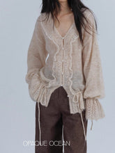 Large silhouette mohair wool drawstring V-neck pearl buckle fungus edge thin cardigan sweater