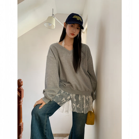 Lace fake two halterneck V-neck loose sweatshirt women