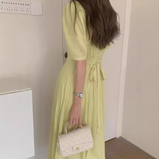 U-Neck Cotton Linen Dress Women Puff Sleeve Mid-Waist Long Skirt