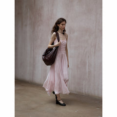Vintage pleated chiffon asymmetric MIDI suspender skirt adjustable shoulder strap