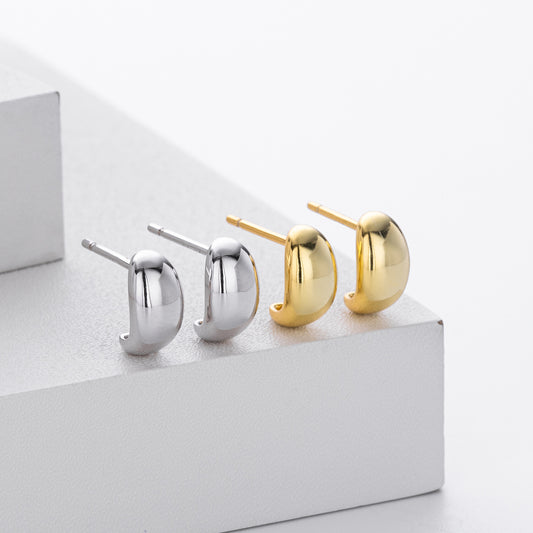 S925 Sterling Silver Stud Earrings Simple Moon Shape Doudou Glossy Earrings