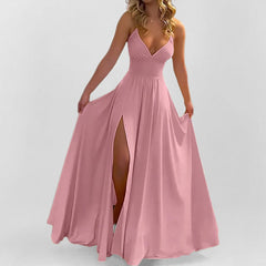 2026 spring new European and American cross-border women's clothing fashionable solid color suspender sexy slim split-ended fungus edge dress