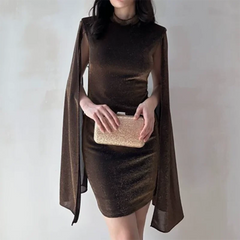 New 2026 Office Elegant Mini Dresses Fashion Women's O Neck Cape Sleeve Party Dress Spring Summer Velvet Solid Color Short Dress