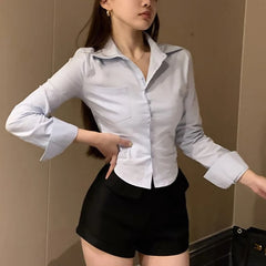 2026 Spring Commuter Long Sleeve New Female Crop Tops Korean White Office Women Chiffon Shirt Pocket Button Lapel Ladies Blouse