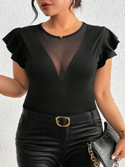 Women Plus Size V-Neck High-Stretch Solid Color Patchwork Ruffle Sleeve T-shirt