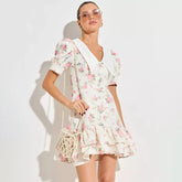 Tornova Print Puff Sleeves Ruffled Dress Women's V-Neck High Waist Pearl Buttons Mini Dress Female Casual Vacation Fashion Dress