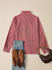 Women's Red White Gingham Ruffled Turtleneck Blouse Ruffle Front Long Sleeve Loose Fit Casual Office Daily Top