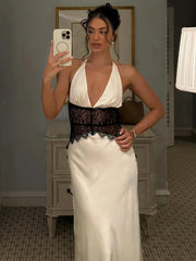 Mozision Summer Backless Sexy Maxi Dress Women Gown Patchwork Lace Halter Deep V Neck Sleeveless High Waist Elegant Long Dress