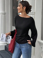 Women's Casual Solid Color Boat Neck Flare Sleeve T-Shirt Elegant Back Tie Slim Fit Long Sleeve Tops Spring/Fall
