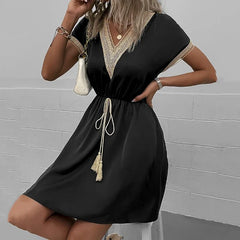 Summer Solid Short Sleeve Lace V Neck Waistband Female Beach Midi Short Dress Elegant Women's Sweet White Solid Color Dresses