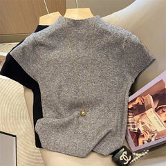 2026 Basic Turtleneck Solid Thin Summer Pullover Women Female Knitted Sweater Slim Short Sleeve Bodycon Sweater