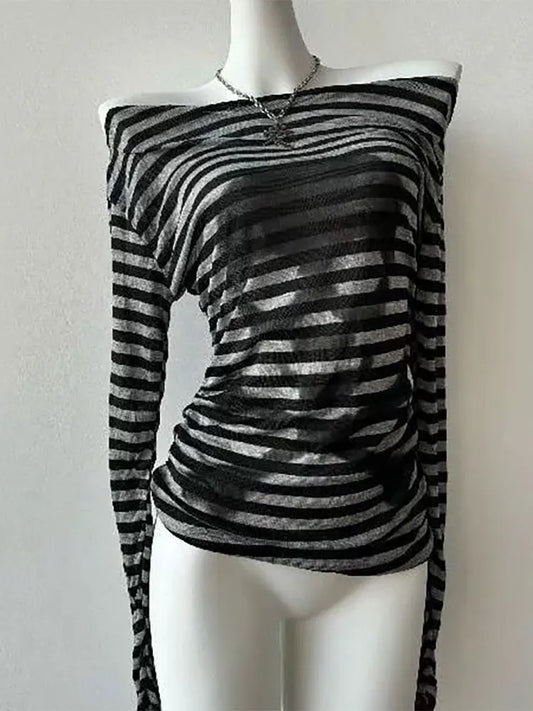Gothic Skull Stripe Off-Shoulder Long Sleeve Tee