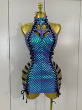 Sexy Black Leather Hollow Out Gothic Bandage Halter Short Dress Women Gogo Dance Singer Nightclub Bar Performance Stage Wear