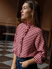 Women's Red White Gingham Ruffled Turtleneck Blouse Ruffle Front Long Sleeve Loose Fit Casual Office Daily Top