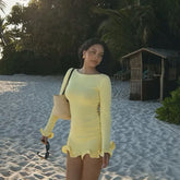 Sexy Pleated Ruffled Mini Dress Women Fashion Solid Puffed Long Sleeves Round Neck Loose Dresses 2026 Lady Evening Party Vestido