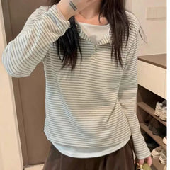 Vintage Women Fake Two Piece Top O-neck Stripe Button Long Sleeve T-shirt Spring Autumn Casual Loose Base Layer Shirt Versatile