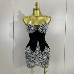 Elegance Sparkly Diamonds Black Mesh Velvet Short Dress Women Celebrate Evening Birthday Party Performance Photoshoot Stage Wear