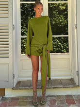 Elegant O-Neck Long Sleeve Slim Fit Lace Up Mini Dress Ladies Solid Casual Clothes Party Club Outfit