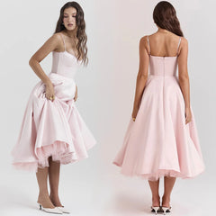 Women's Casual Spaghetti Strap A Line Flowy Midi Dresses Party Evening Gown Backless Elegant Wedding Guest Dress with Pockets