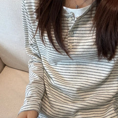 Vintage Women Fake Two Piece Top O-neck Stripe Button Long Sleeve T-shirt Spring Autumn Casual Loose Base Layer Shirt Versatile