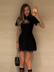 Tossy Black Lace Hollow Out Mini Dress Female Patchwork Short Sleeve Sexy High Waist Party Dress Women's Casual Printed Dress