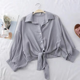 Casual Loose Button Hollow White Clothes Elegant Solid Color Tied Waist Blouse