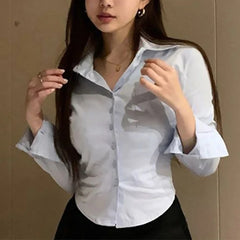 2026 Spring Commuter Long Sleeve New Female Crop Tops Korean White Office Women Chiffon Shirt Pocket Button Lapel Ladies Blouse