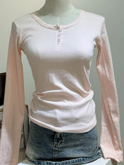 Sweet Button Long Sleeve Tees Women Spring New Cotton Rose Pink Striped Slim Zelly Tops Simple Chic Preppy Style T-shirts