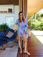 Print Long Sleeve Mini Dress Cover Up Women Party Pintuck Dresses Cap-Sleeve O Neck Ruched Elegant Holiday Beach Robe