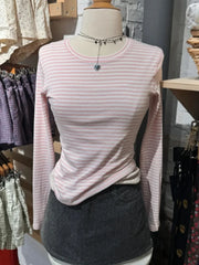 Sweet Pink Striped Long Sleeve T-shirt Woman Spring New Y2K O-Neck Cotton Slim Tshirts Tops Female Cute Preppy Style Tee Shirts