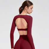 Women Fitness T Shirt Long Sleeve Open Back Pilates Yoga Padded Crop Top Running Workout Fitness Blouse