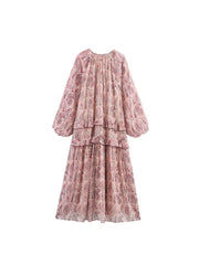 MIDI Dress Vintage Print Chiffon V-Neck Cascading Ruffle Long Sleeve Female Elegant Street Dresses Clothing