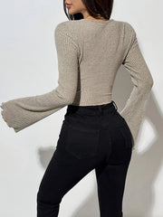 Women's Square Collar T-shirt with Bell Sleeves Knotted Hem Texture Long Sleeve Short Style Ribbed Knit Top