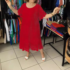 Women Midi Dress Lace Patchwork Round Neck Short Sleeves Hollow Out Flower Embroidery Pleated Loose Women Party Outfit