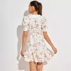 Tornova Print Puff Sleeves Ruffled Dress Women's V-Neck High Waist Pearl Buttons Mini Dress Female Casual Vacation Fashion Dress