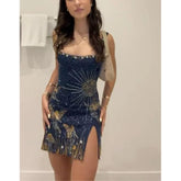 Summer Spring Sexy Women's Clothing New 3D Printed Slit Dress Sleeveless Bodycon Mini Dress