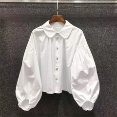 Spring New Fashion Puff Sleeve Shirt Peter Pan Collar Blouses Women Ladies Tops White Shirts Vintage Female Korean Blouse