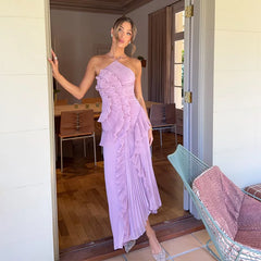 Chic pleated halter neck long vacation dress high quality purple strapless Lotus Edge Maxi Dress 2025 New Lady Vacation Gowns