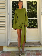 Elegant O-Neck Long Sleeve Slim Fit Lace Up Mini Dress Ladies Solid Casual Clothes Party Club Outfit