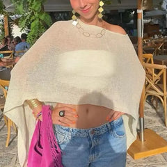 Combhasaki Women Knitwear Bikini Cover-up See-through Solid Off Shoulder Irregular Triangle Hem Loose Pullover Summer Beach Tops